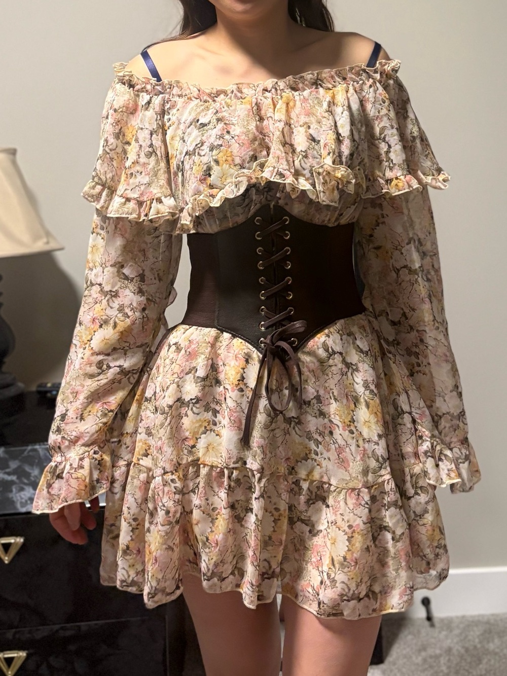 SHEIN Floral Off-Shoulder Long Sleeve Dress in Cream, Pink & Yellow